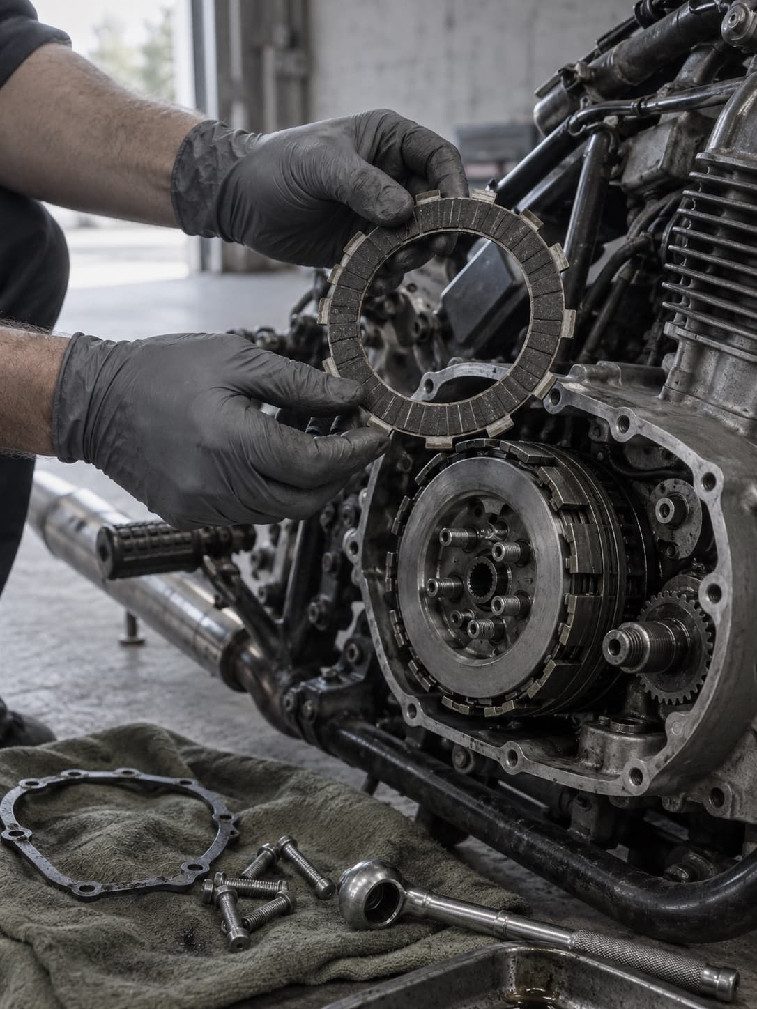Gloved hands holding a clutch plate beside an open motorbike engine