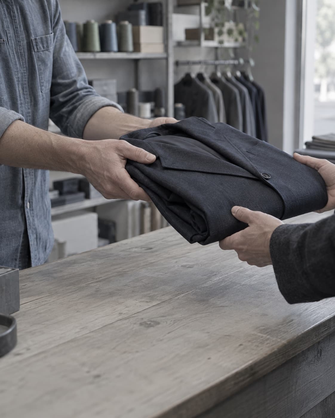 Hands passing a folded navy jacket across a wooden repair counter
