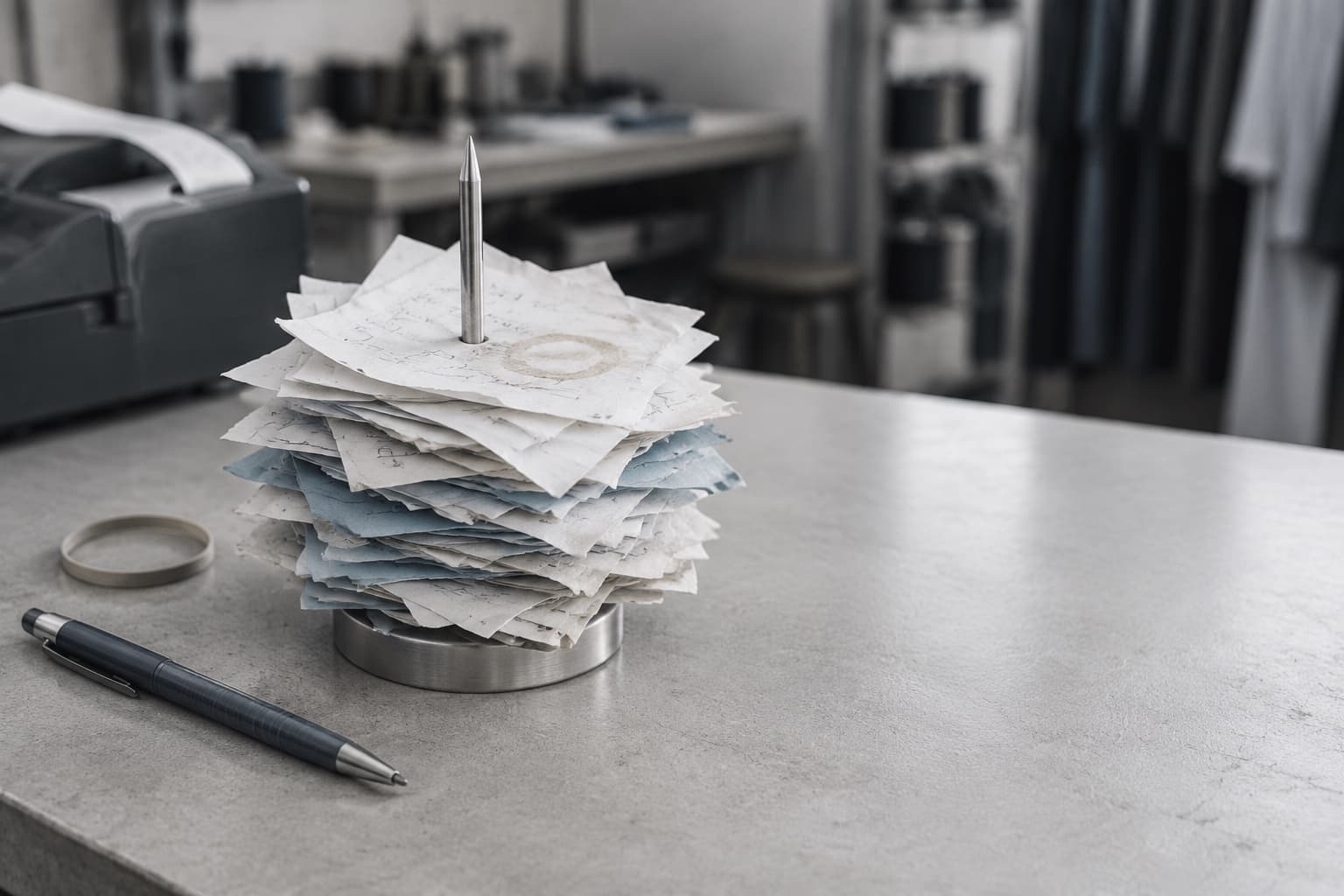 Handwritten claim slips stacked on a spike on a shop counter