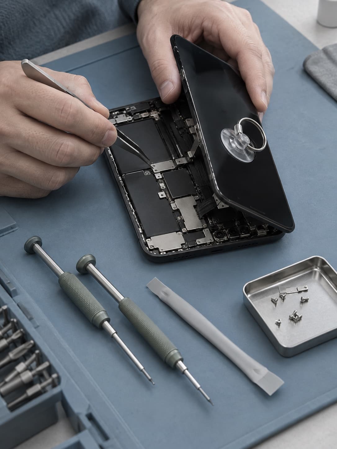 Tweezers working inside an opened phone on a repair mat