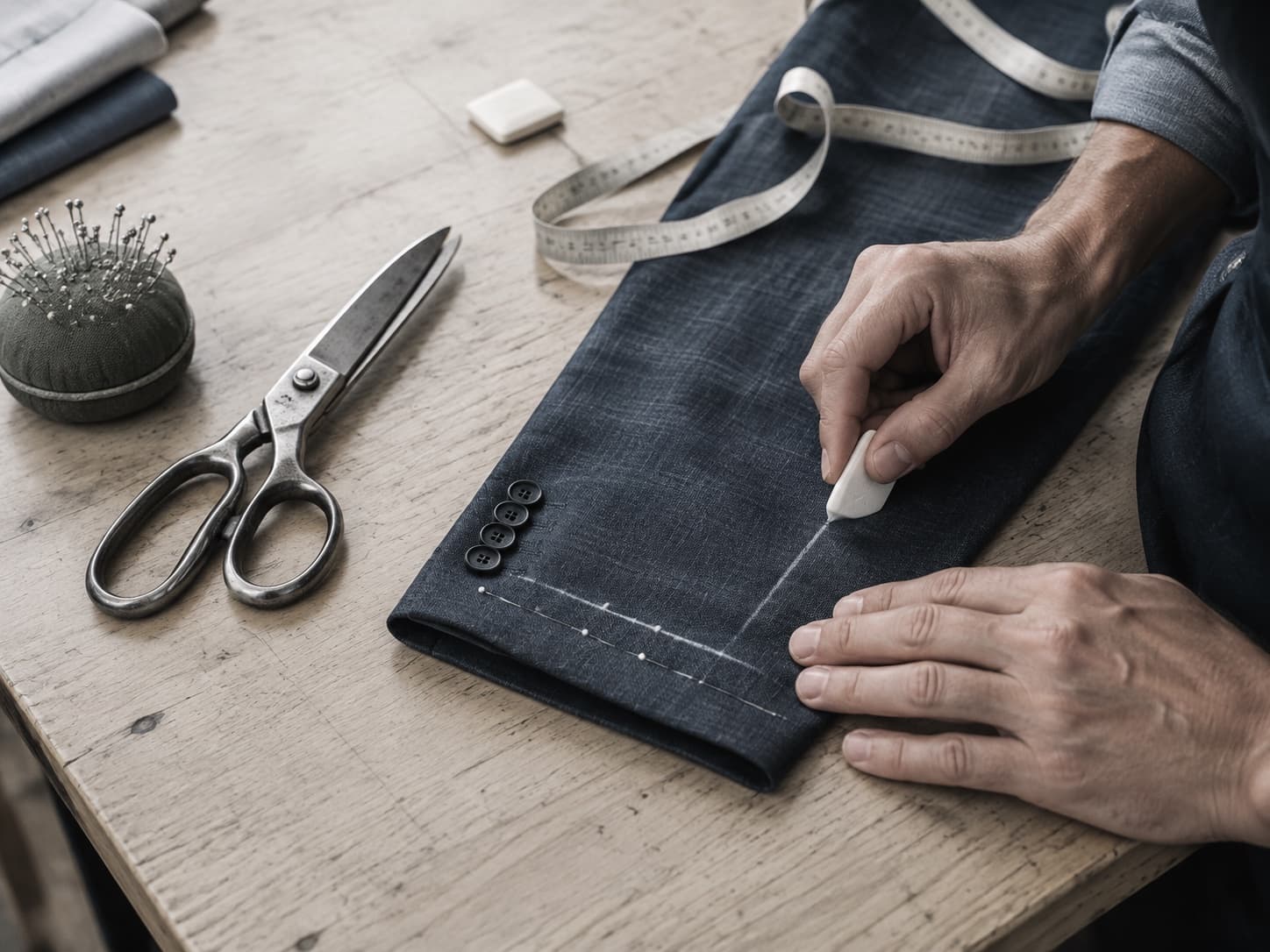 A tailor chalking a line on a pinned jacket sleeve